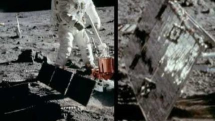 Moon landing hoax – ceiling reflections in solar panels edited out of pictures
